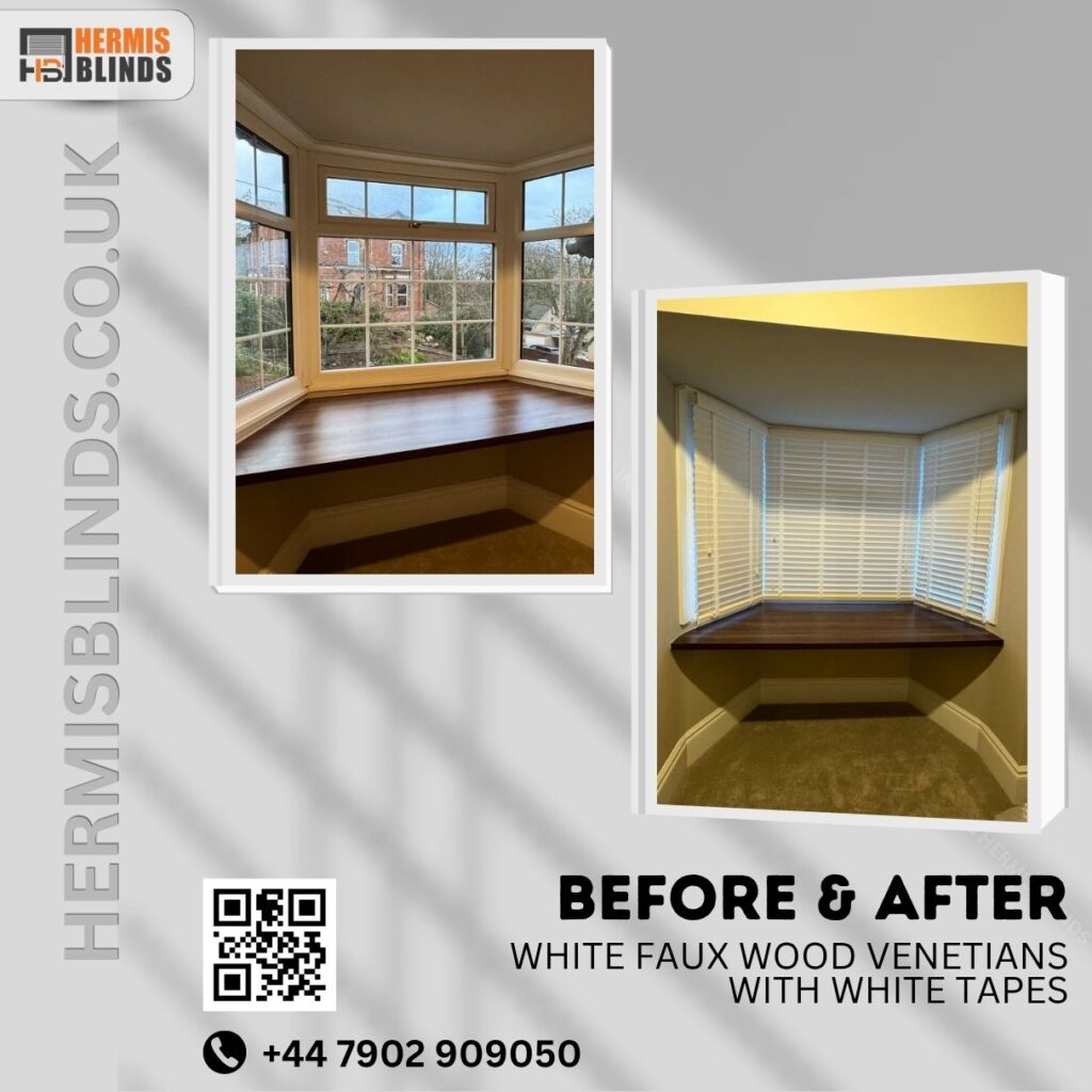 White Faux Wood Venetians with white tapes