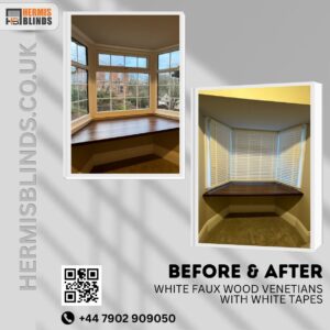 White Faux Wood Venetians with white tapes