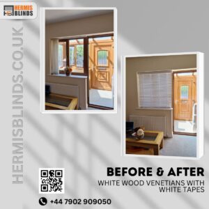 White wooden Venetian blinds with white tapes installed by Hermis Blinds