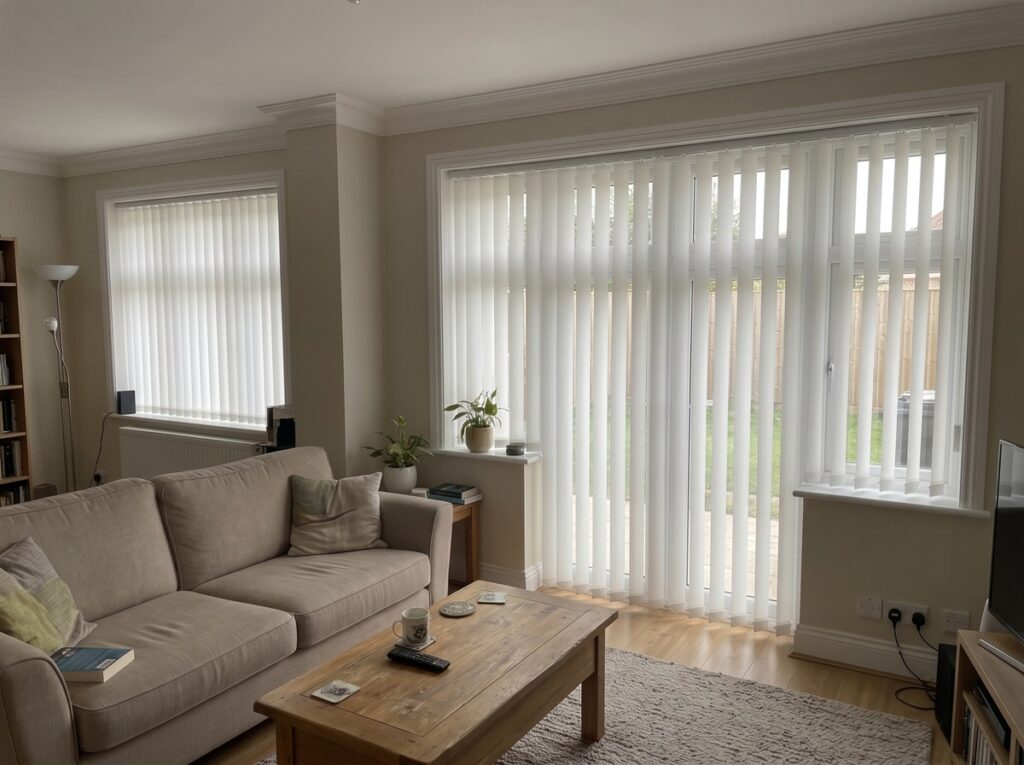 Made to measure living room vertical blinds fitted by Hermis Blinds in West Yorkshire
